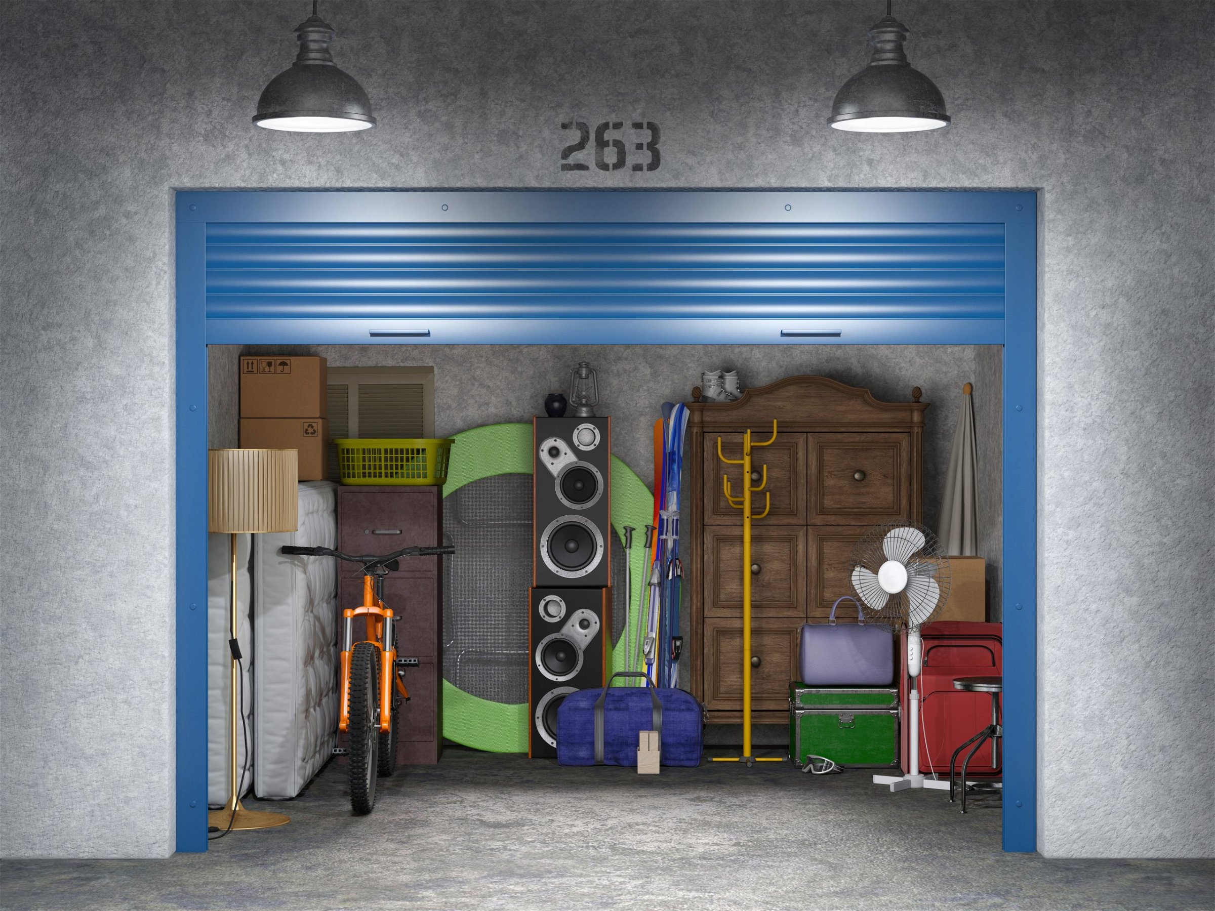 filled storage unit with stored boxes and objects